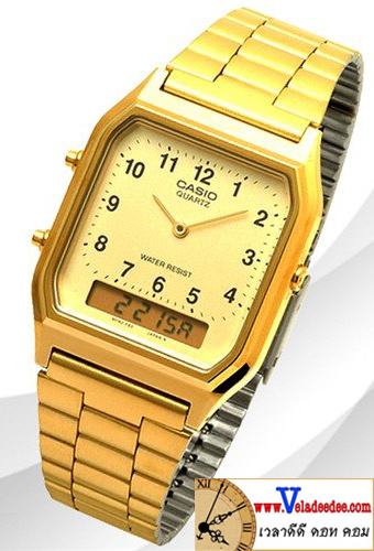 Casio (คาสิโอ) นาฬิกาข้อมือ ทรงเหลี่ยม 2 ระบบ สายสแตนเลสสีทอง AQ-230GA-9BMQ 
