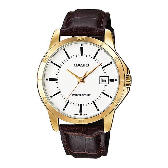 Casio Standard นาฬิกาข้อมือสุภาพบุรุษ สีน้ำตาล สายหนัง รุ่น MTP-V004GL-7AUDF