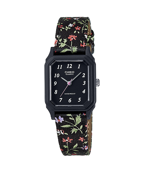 Casio นาฬิกาข้อมือผู้หญิง สีดำดอกไม้ สายผ้า รุ่น LQ-142LB-1B (Black)