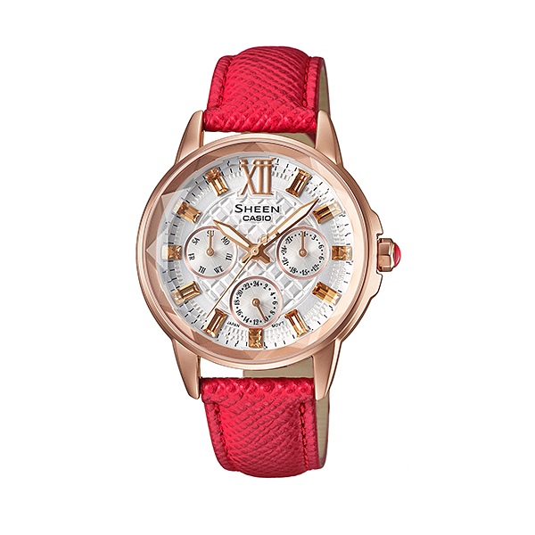 Casio Sheen  นาฬิกาข้อมือสตรี เรือนสแตนเลส สายหนัง รุ่น SHE-3029PGL-7ADR -  (หน้าขาว/โรสโกลด์)