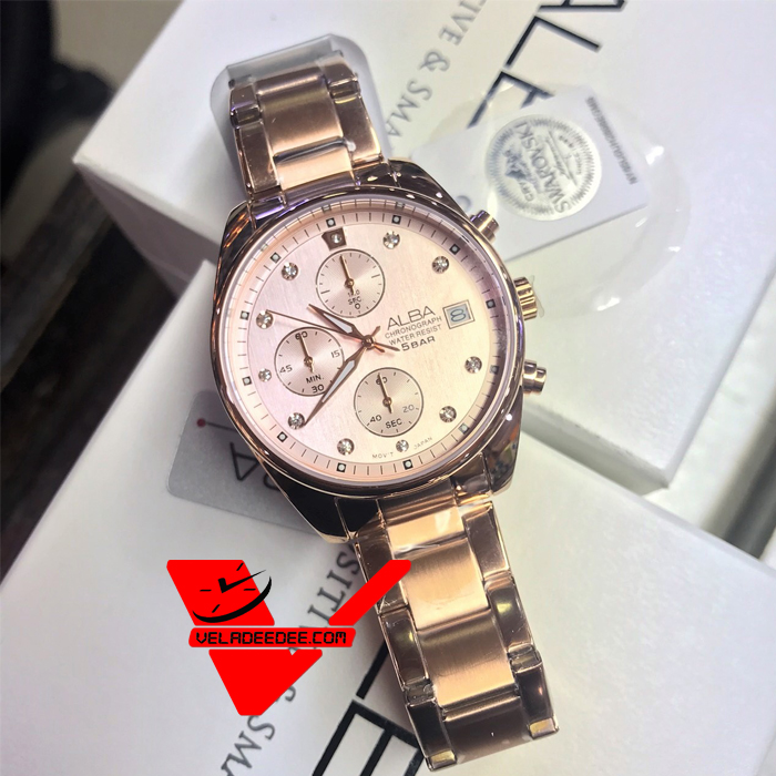 Alba modern ladies Chronograph นาฬิกาข้อมือหญิง สายสแตนเลสสีพิงค์โกล (PinkGold) รุ่น AM3212X 