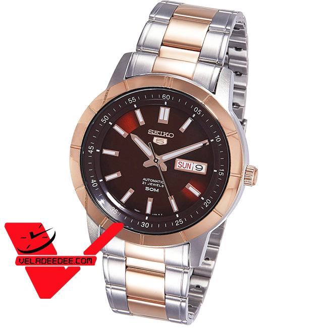 Seiko 5 Sport Automatic นาฬิกาข้อมือผู้ชาย สายสแตนเลสสีสลับพิงค์โกลด์ full size รุ่น SNKN60K1