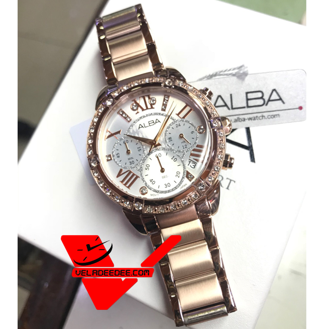 ALBA Crystal Swarovski ตัวเรือนและสายนาฬิกา สีพิงค์โกลด์ Pink Gold รุ่น AT3B84X1