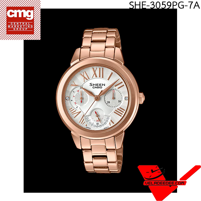 Casio Sheen นาฬิกาข้อมือสตรี เรือนสแตนเลส สายสแตนเลส รุ่น SHE-3059PG-7A