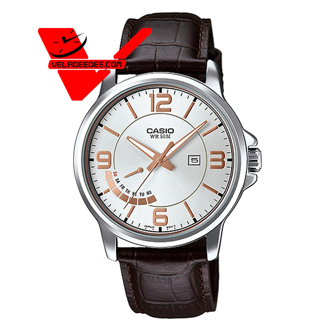 Casio Standard นาฬิกาข้อมือ  สายหนังแท้ แสดงวันที่  รุ่น MTP-E124L-7A