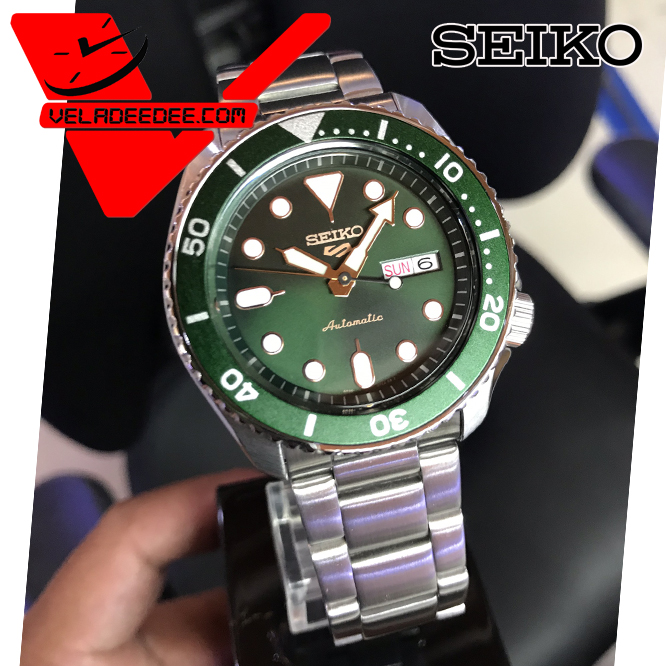 NEW SEIKO 5 SPORTS AUTOMATIC  SRPD63K1 นาฬิกาข้อมือผู้ชายสีเงิน หน้าปัดเขียว สายสแตนเลส รุ่น  รุ่น SRPD63K