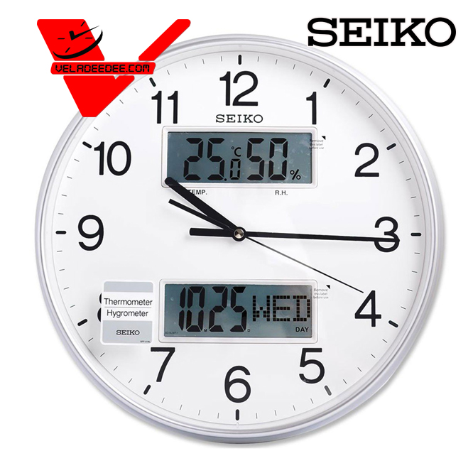 Seiko Office Standard Clock นาฬิกาแขวน หน้าปัดแสดงปฏิทินและหน้าปัดแสดงอุณหภูมิ ความชื้น แบบ LCD รุ่น QXL013S (12นิ้ว)