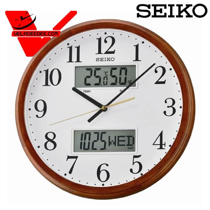 Seiko Office Clock นาฬิกาแขวน ขนาด 12นิ้ว หน้าปัดแสดงปฏิทินและหน้าปัดแสดงอุณหภูมิ ความชื้น แบบ LCD รุ่น QXL012B (ขอบน้ำตาล)